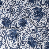 Draped fabric in a dense floral print in blue and navy on a white field.