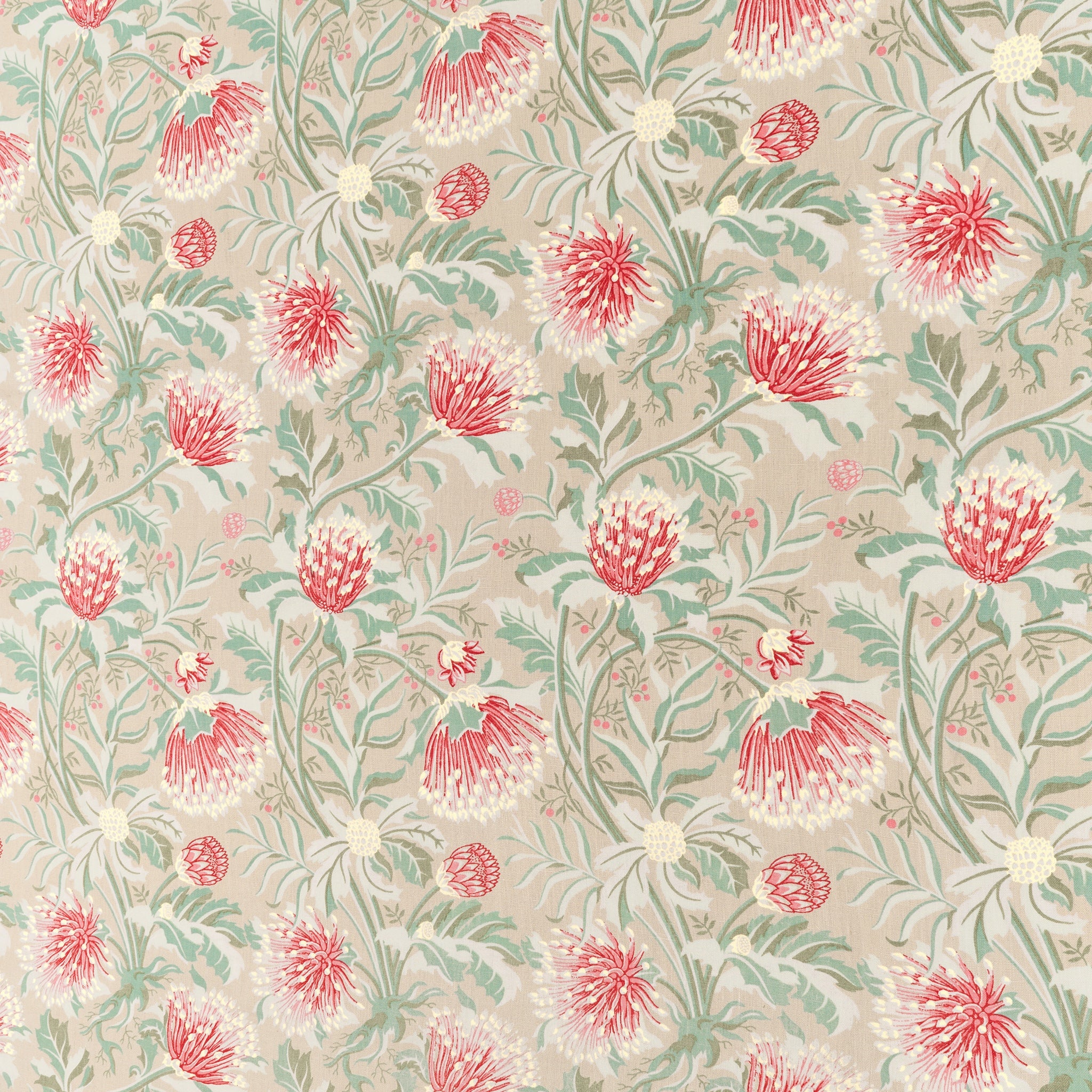 Printed fabric in a lush floral botanical design in red, pink, yellow green and turquoise on a tan field. 