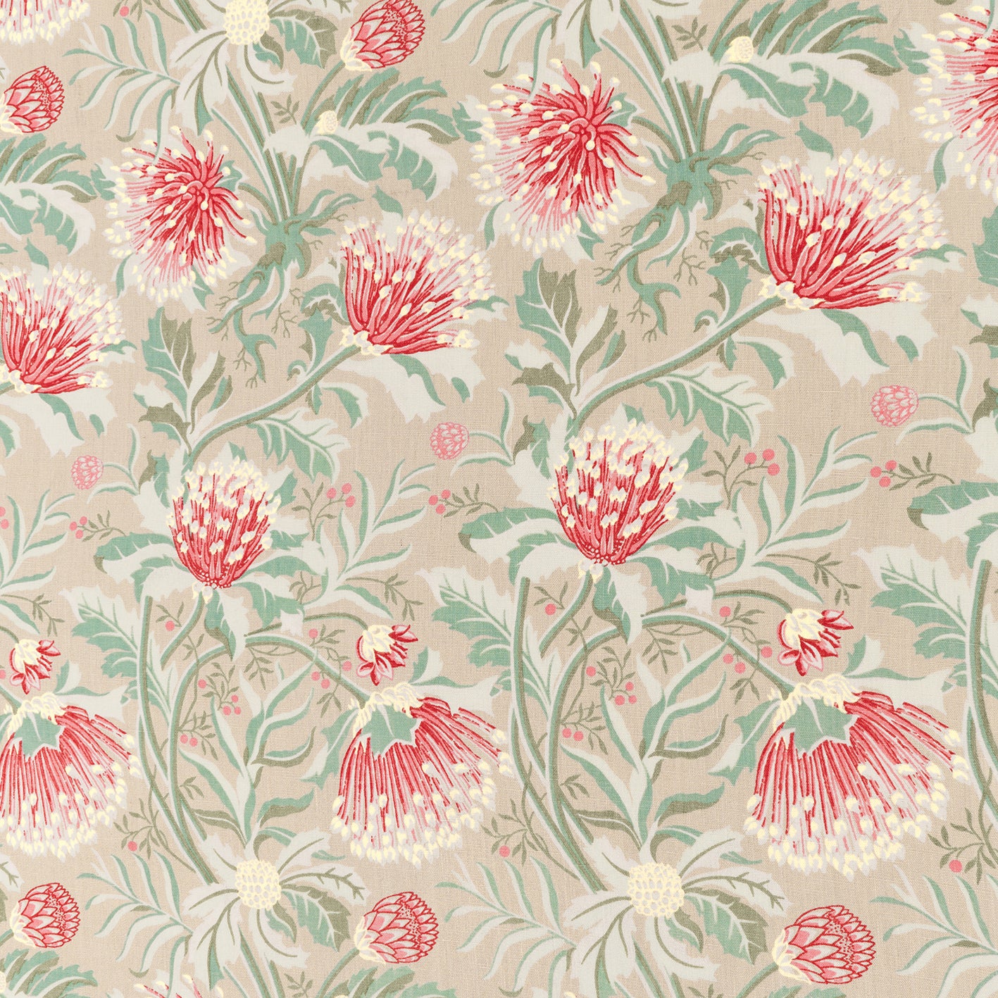 Printed fabric in a lush floral botanical design in red, pink, yellow green and turquoise on a tan field. 