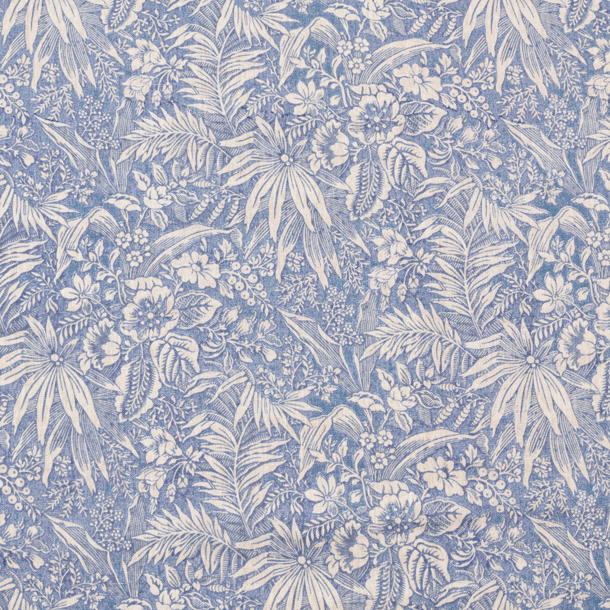 Floral and leaf pattern in blue and white on a blue background