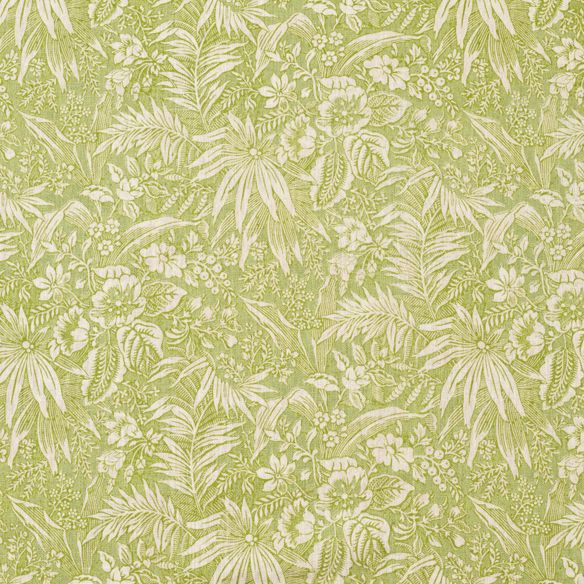 Patterned fabric with green leaves and flowers on a light green background