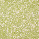 Patterned fabric with green leaves and flowers on a light green background
