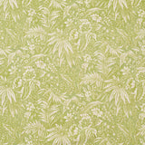Patterned fabric with green leaves and flowers on a light green background