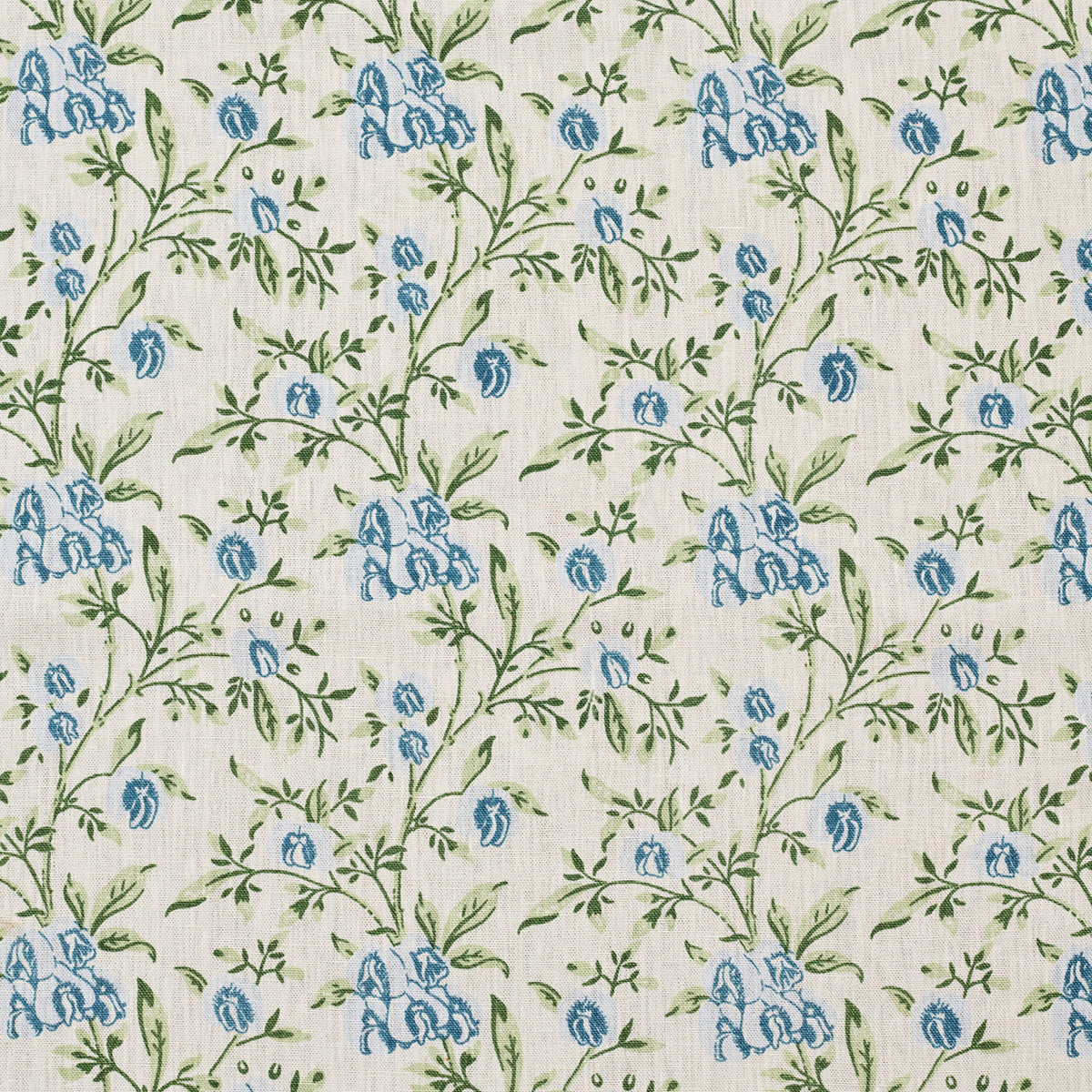 Floral pattern with blue flowers and green leaves on a cream background