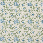 Floral pattern with blue flowers and green leaves on a cream background
