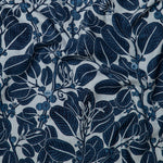 Detail of wallpaper in a dense leaf and stem print in blue-gray on a white field.