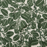 Draped fabric in a dense leaf and stem print in shades of green on a cream field.