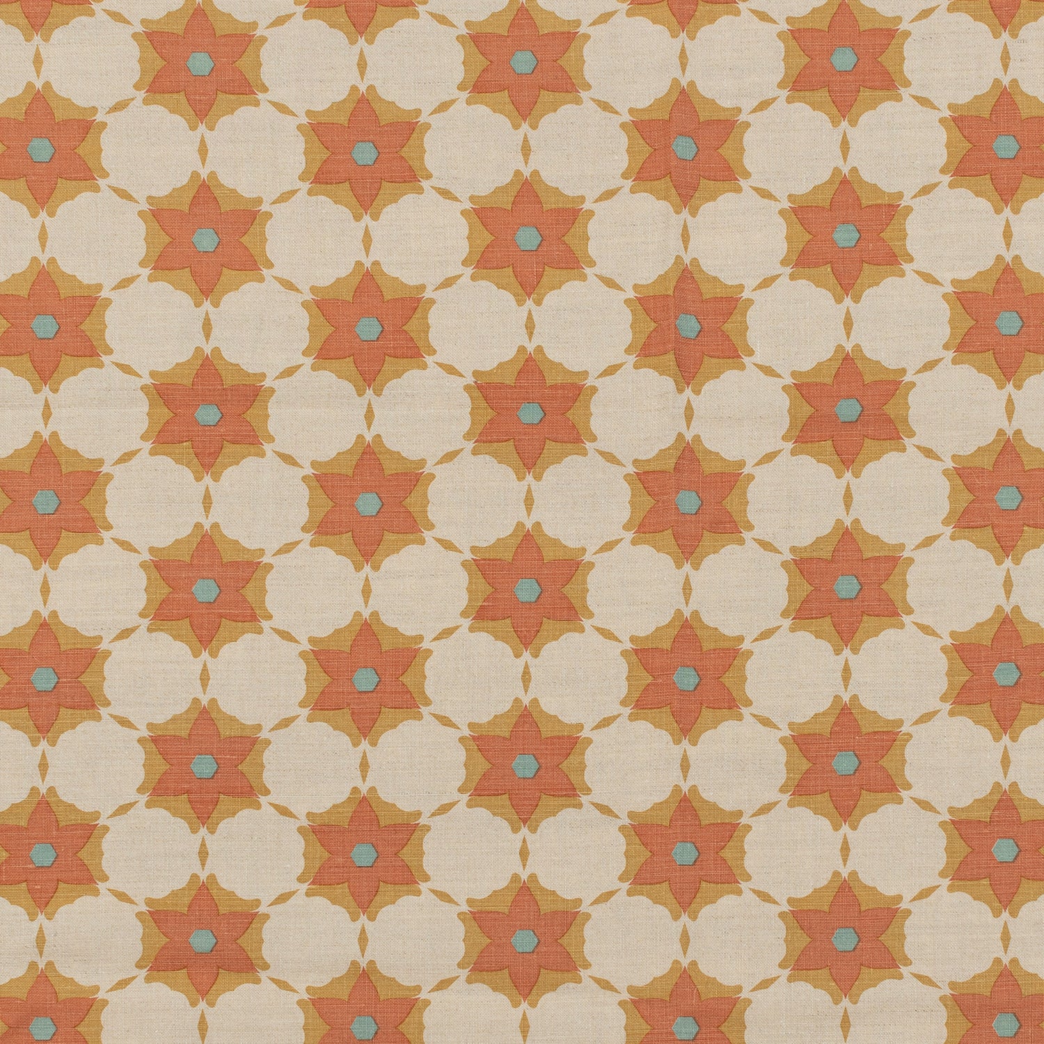 Woven fabric in a floral lattice print in orange, red and blue on a tan field.