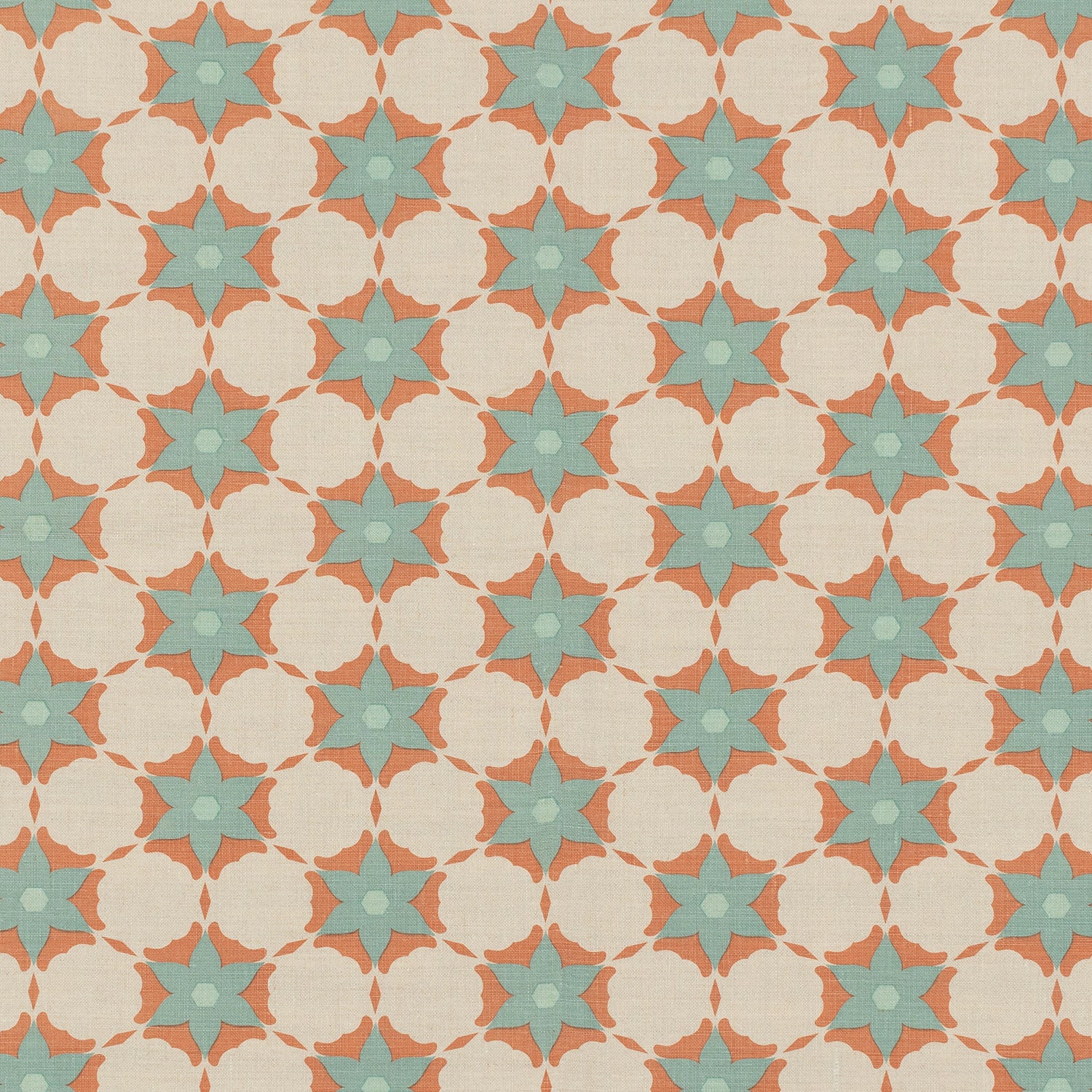 Woven fabric in a floral lattice print in blue and coral on a tan field.