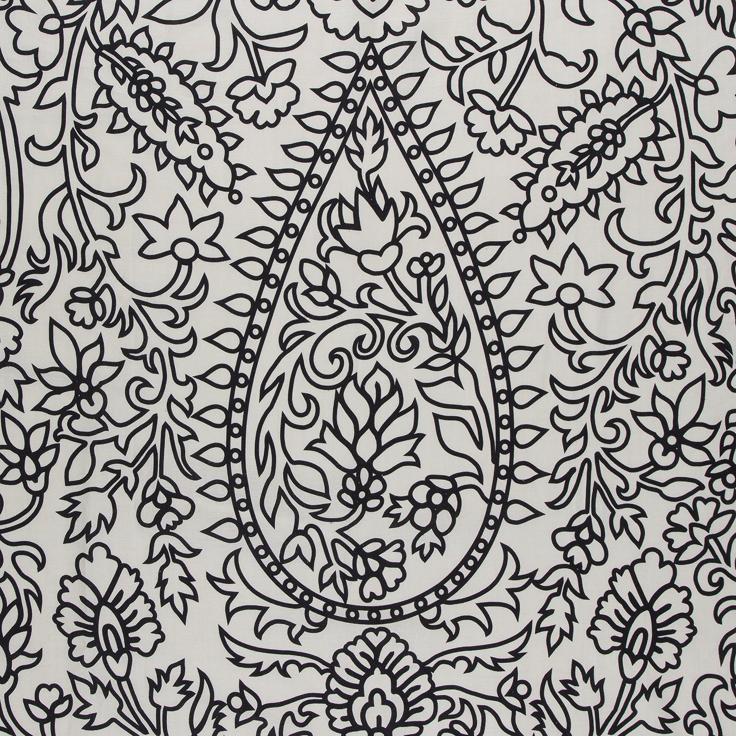 Detail of fabric in a dense paisley pattern in black on a light gray field.