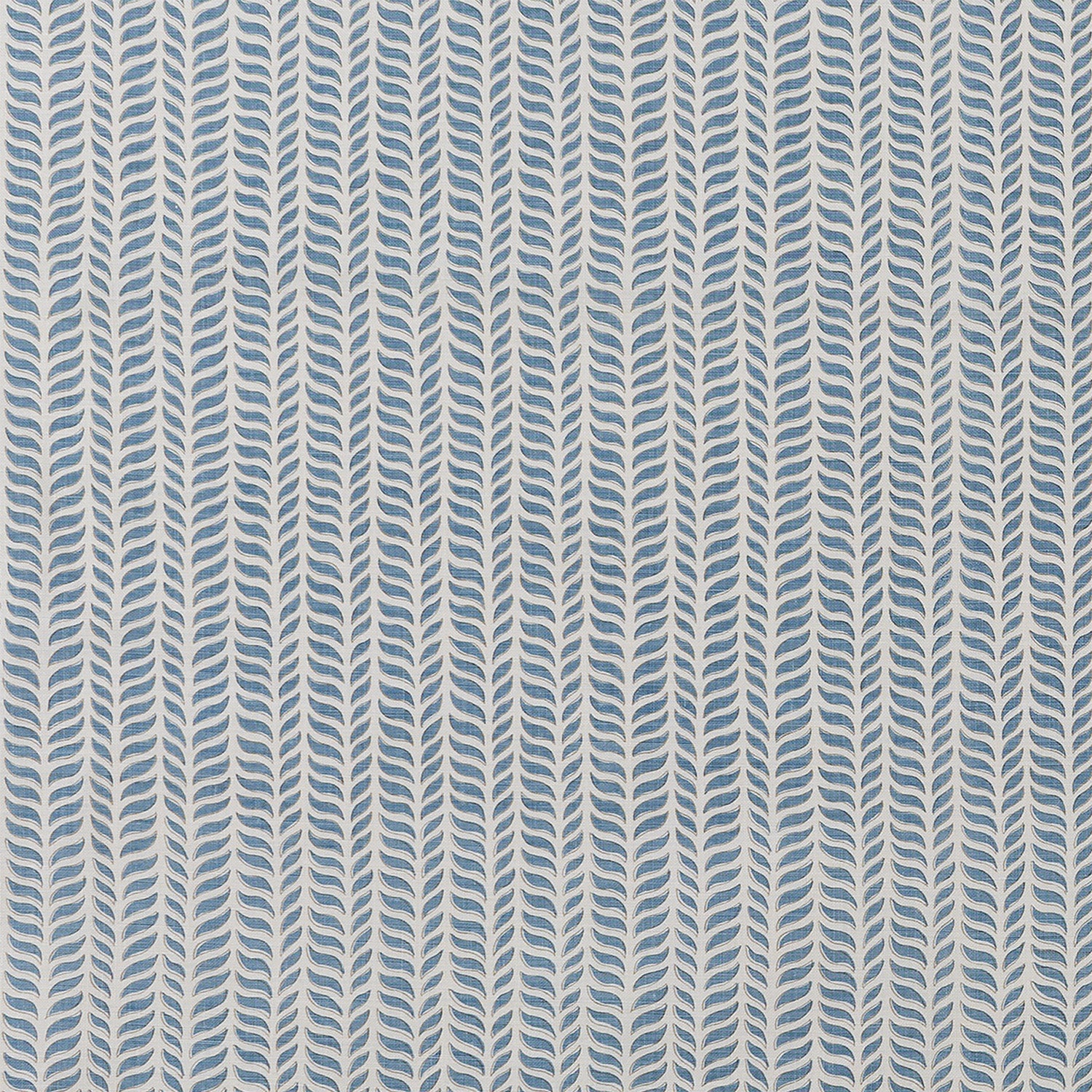 Fabric in a painterly herringbone print in blue and green on a cream field.