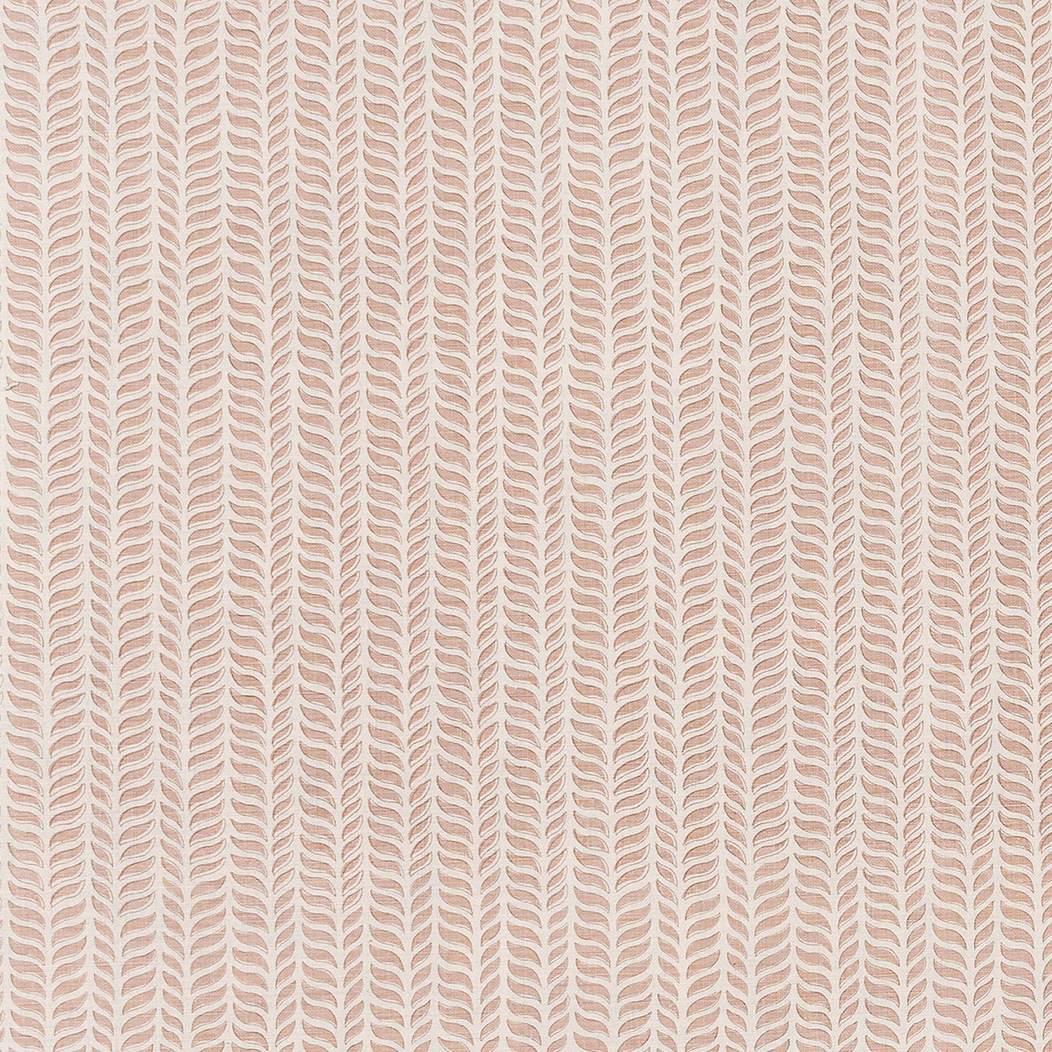 Fabric in a painterly herringbone print in pink and red on a cream field.