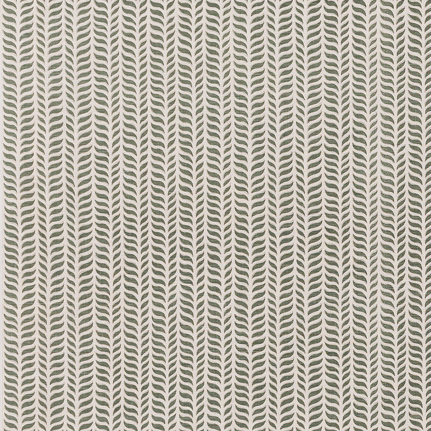 Fabric in a painterly herringbone print in green and brown on a cream field.