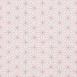 Fabric with an embroidered floral lattice print in light purple on a cream field.