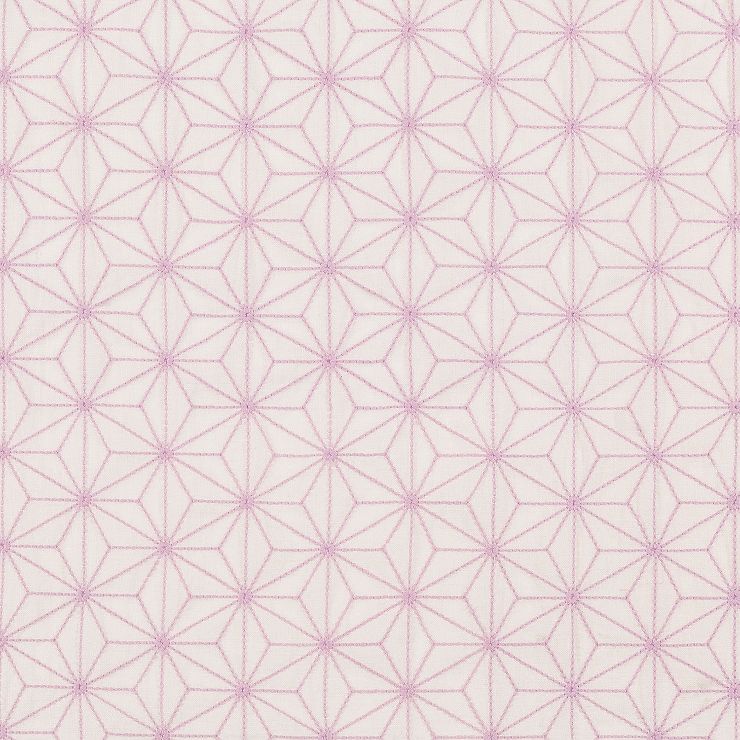 Fabric with an embroidered floral lattice print in light purple on a cream field.