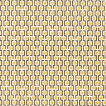 Fabric in a geometric grid print in shades of yellow and brown on a cream field.
