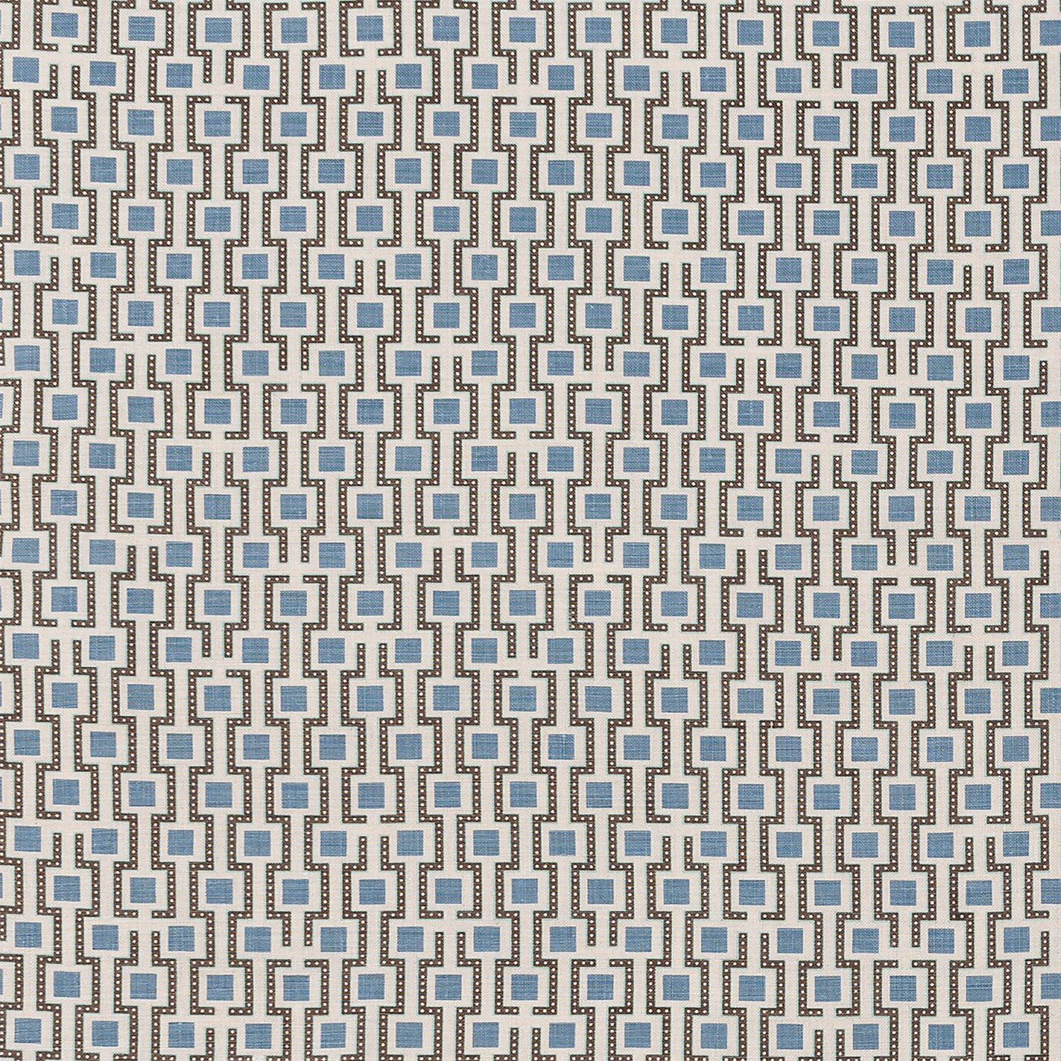 Fabric in a geometric grid print in shades of blue and brown on a cream field.