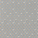 Fabric in a geometric grid print in shades of blue and brown on a cream field.