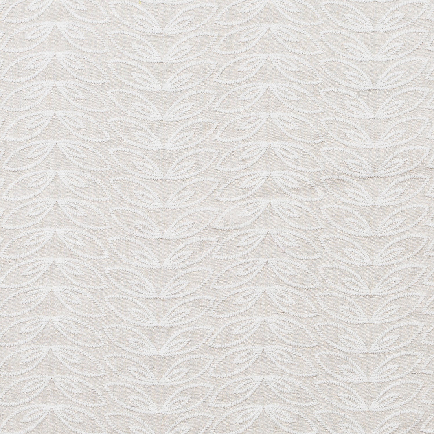 Fabric with an embroidered linear leaf print in white on a white field.