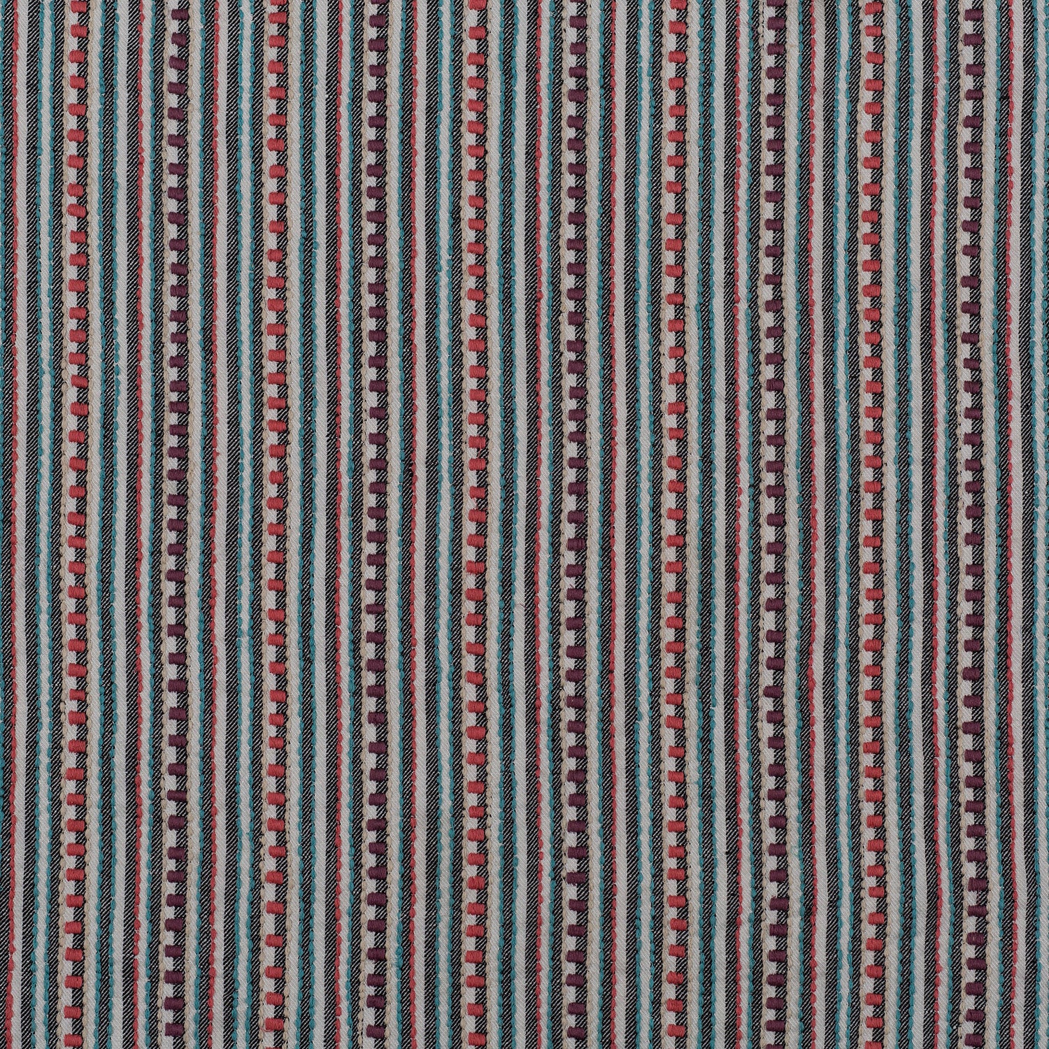 Dimensional embroidered fabric in an irregular stripe pattern in shades of red, blue and brown.