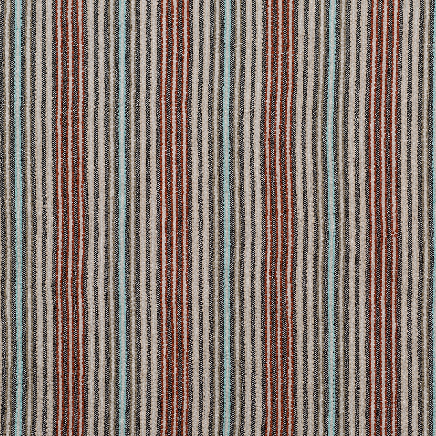 Dimensional embroidered fabric in an irregular stripe pattern in shades of red, blue and cream.