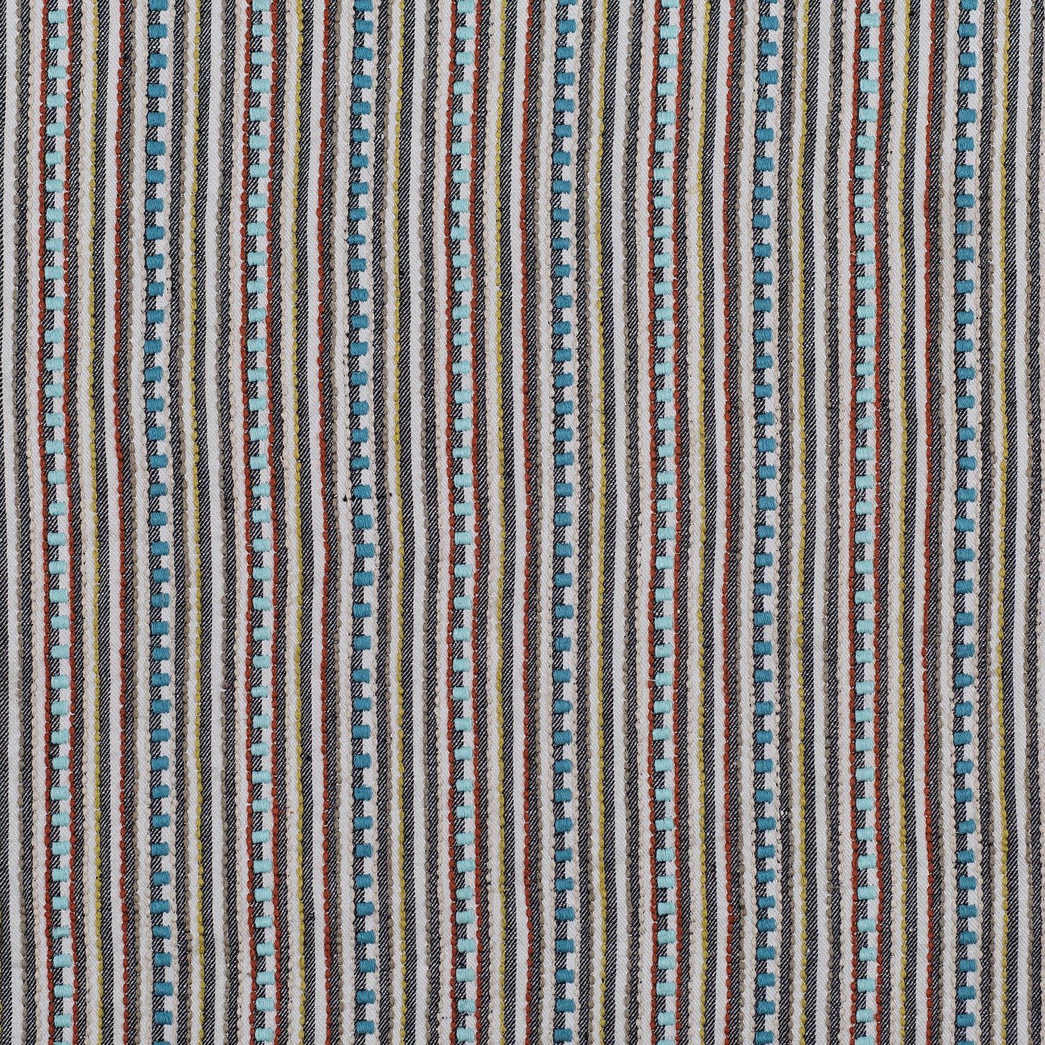 Dimensional embroidered fabric in an irregular stripe pattern in shades of blue, brown, red and yellow.