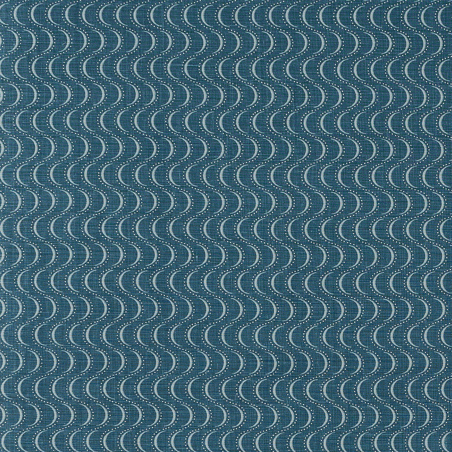 Fabric in an undulating stripe pattern in light blue and white on a navy field.
