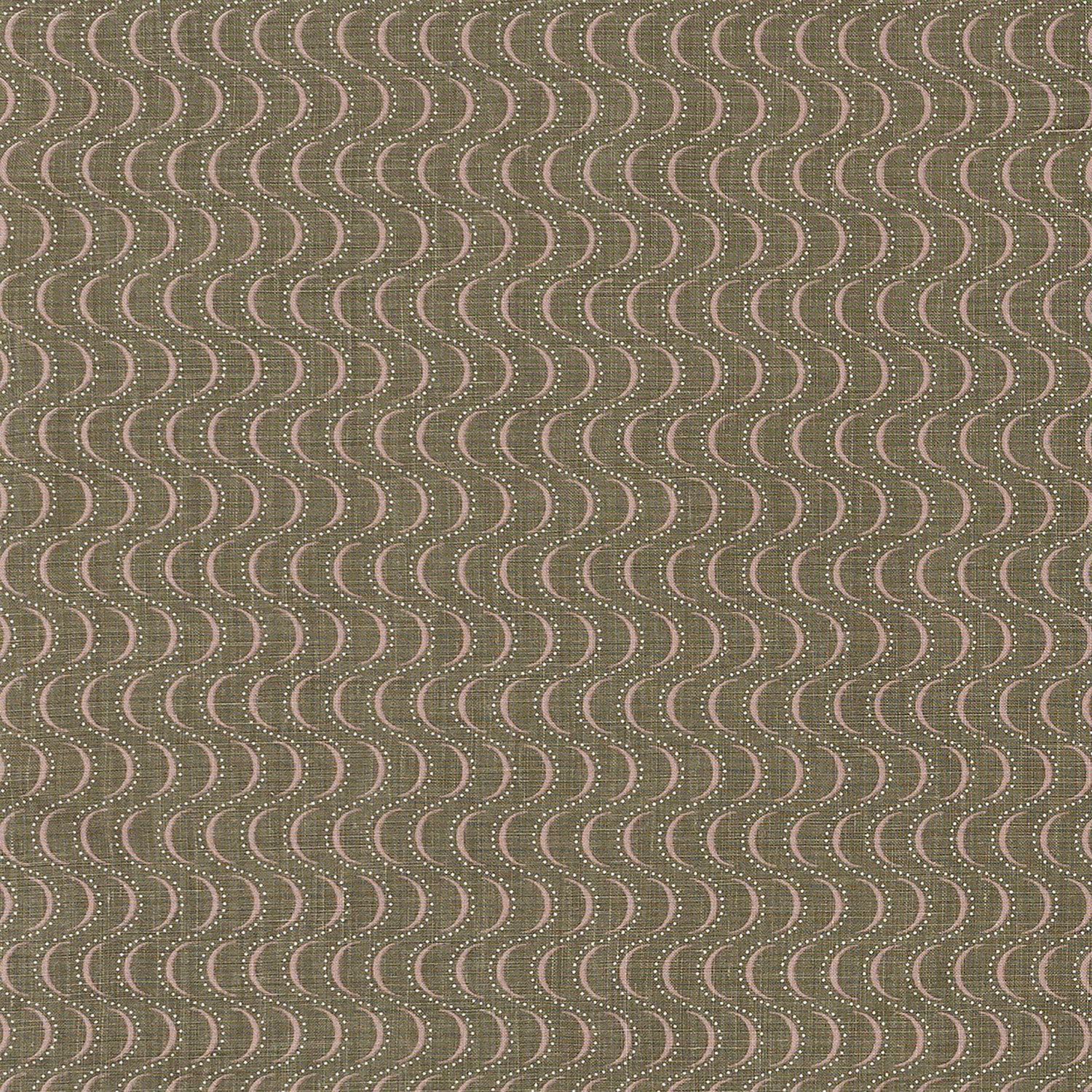 Fabric in an undulating stripe pattern in light pink and white on a brown field.