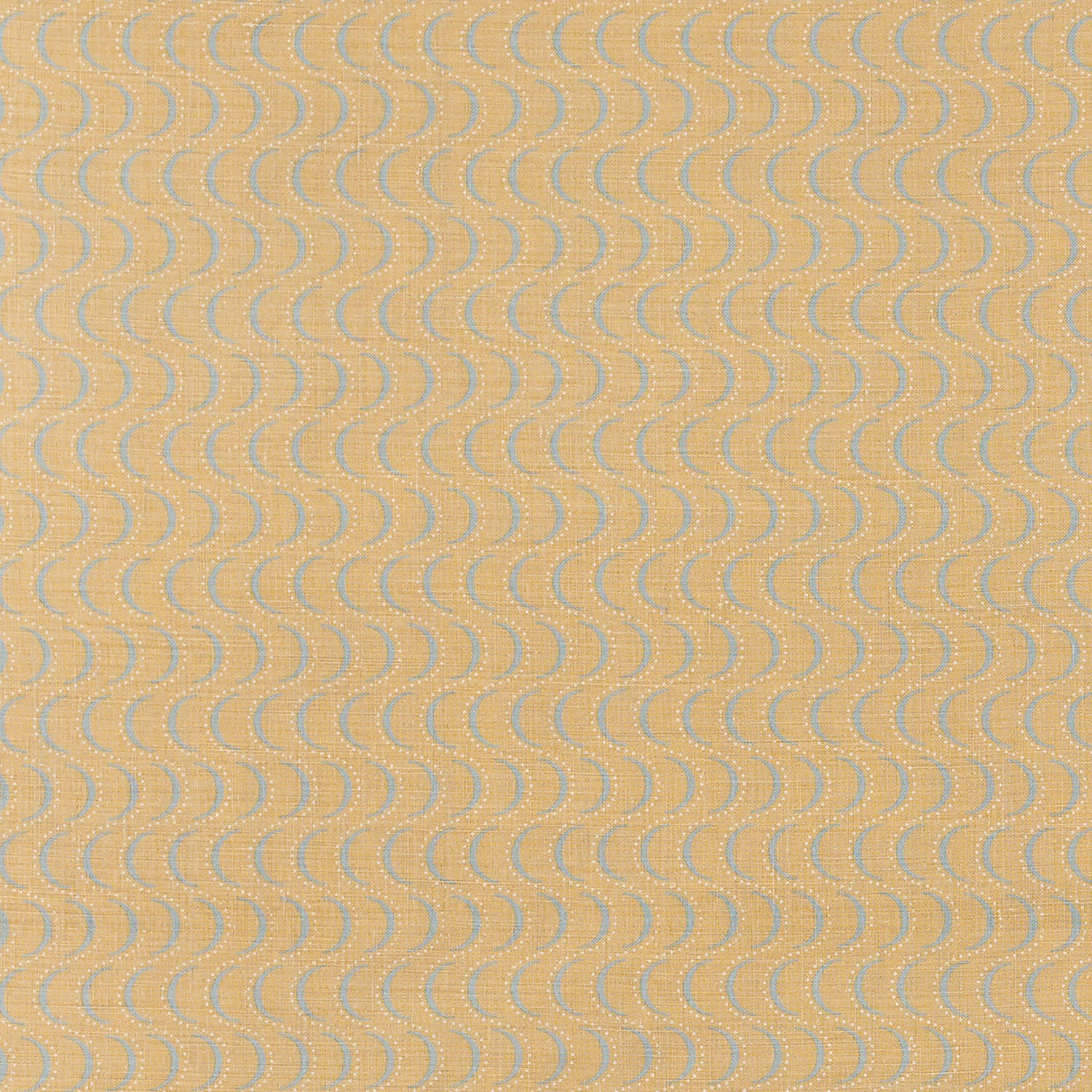 Fabric in an undulating stripe pattern in light blue and white on a mustard field.