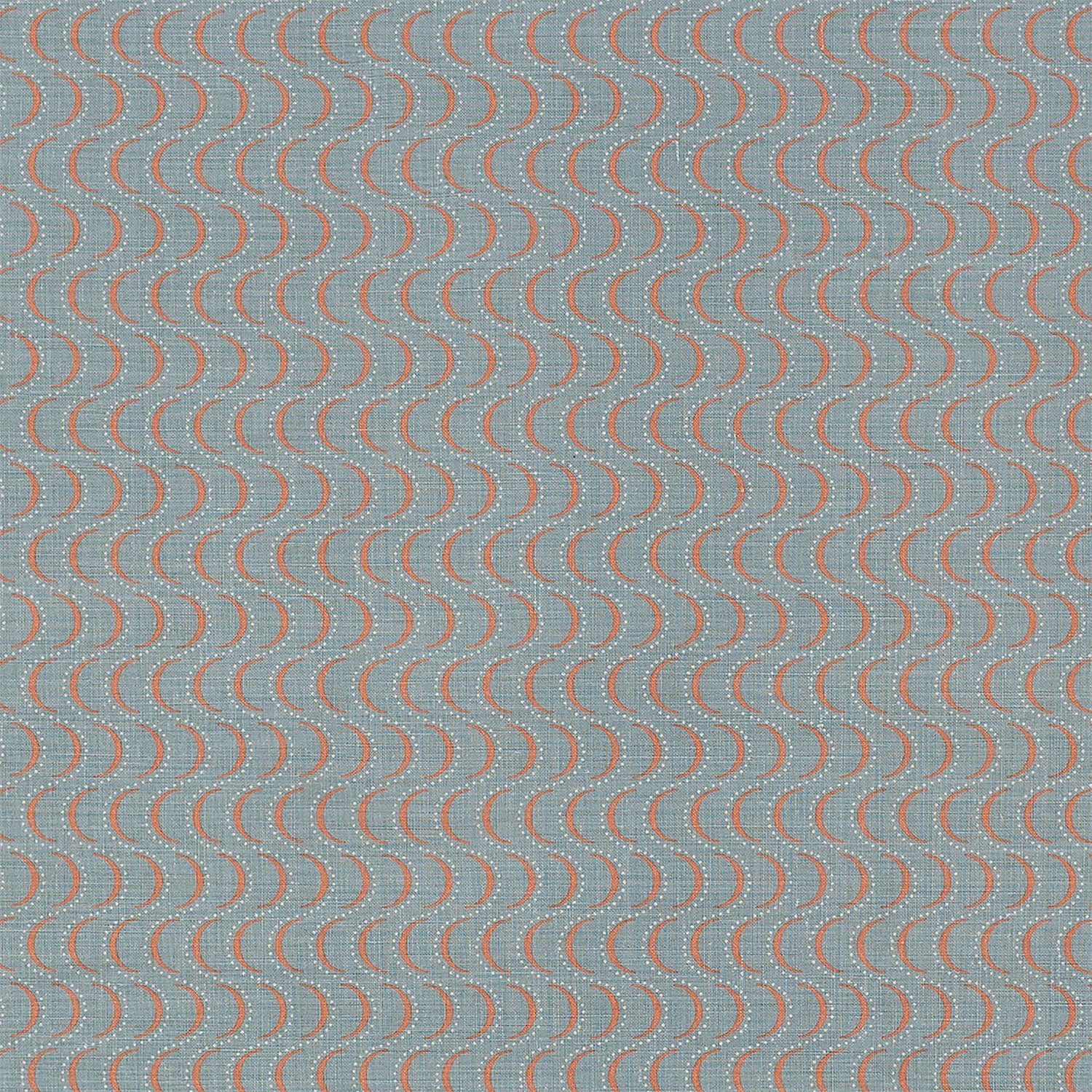 Fabric in an undulating stripe pattern in coral and white on a blue field.