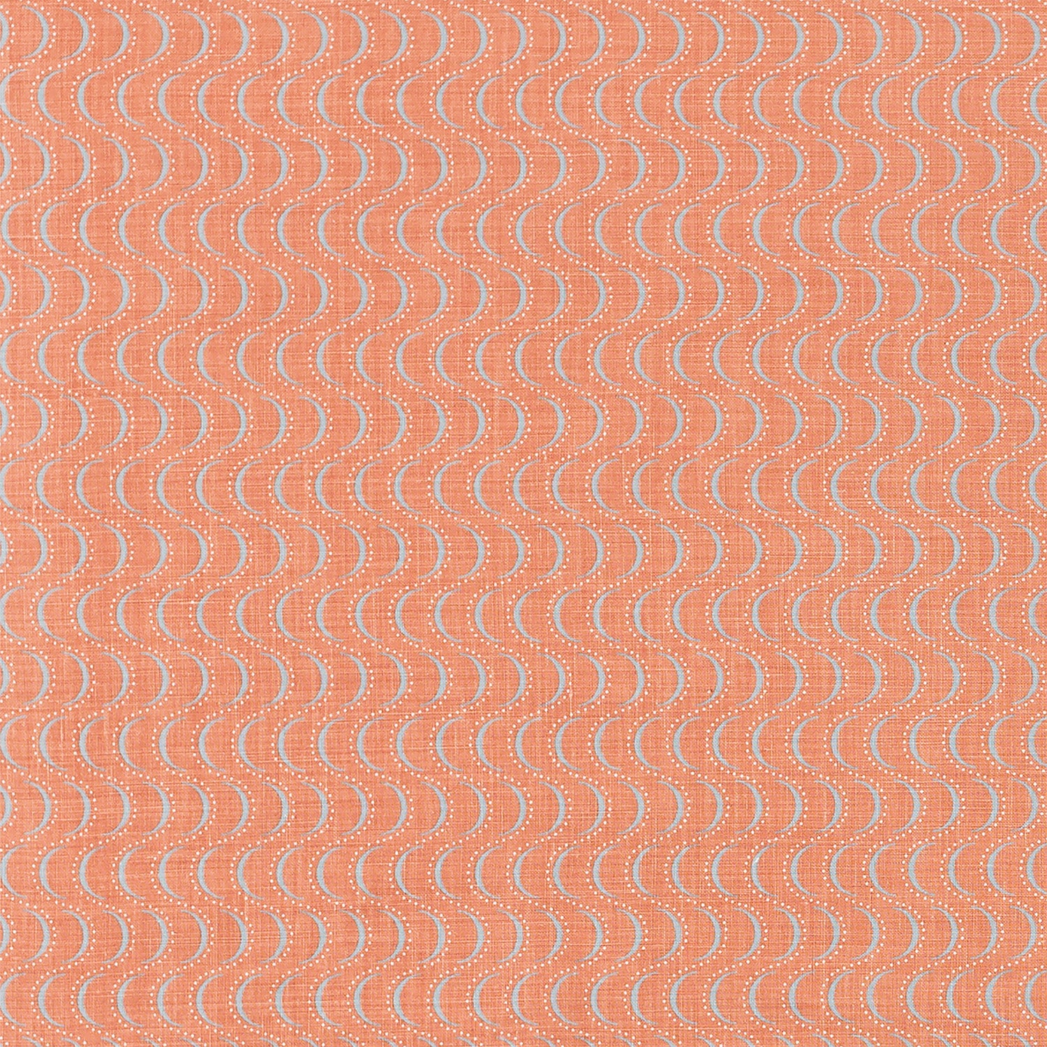 Fabric in an undulating stripe pattern in light blue and white on a coral field.