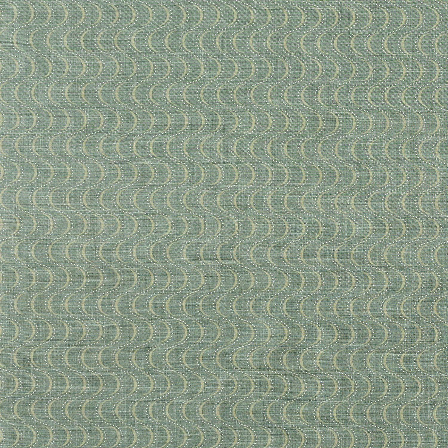 Fabric in an undulating stripe pattern in light green and white on a green field.