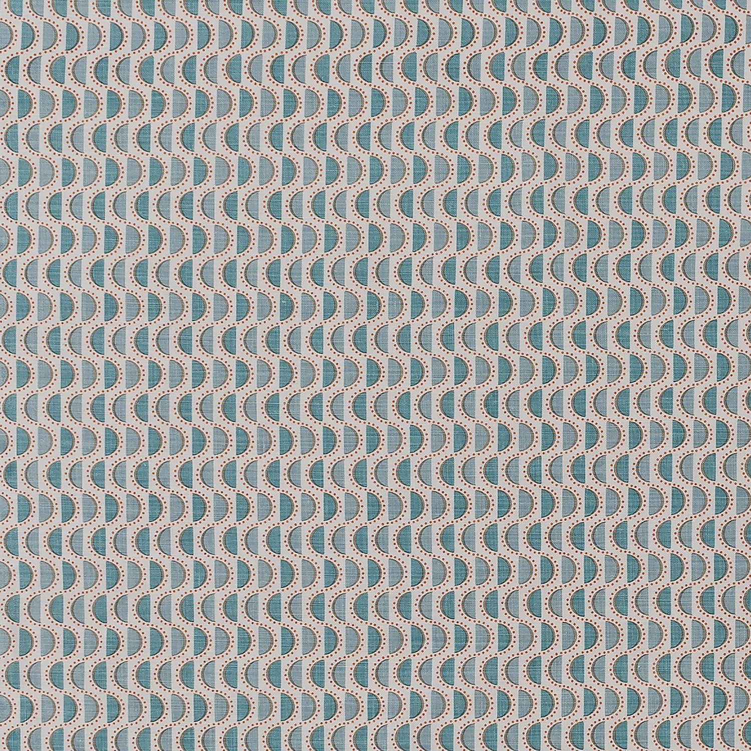 Fabric in a linear geometric print in shades of blue and red on a light gray field.