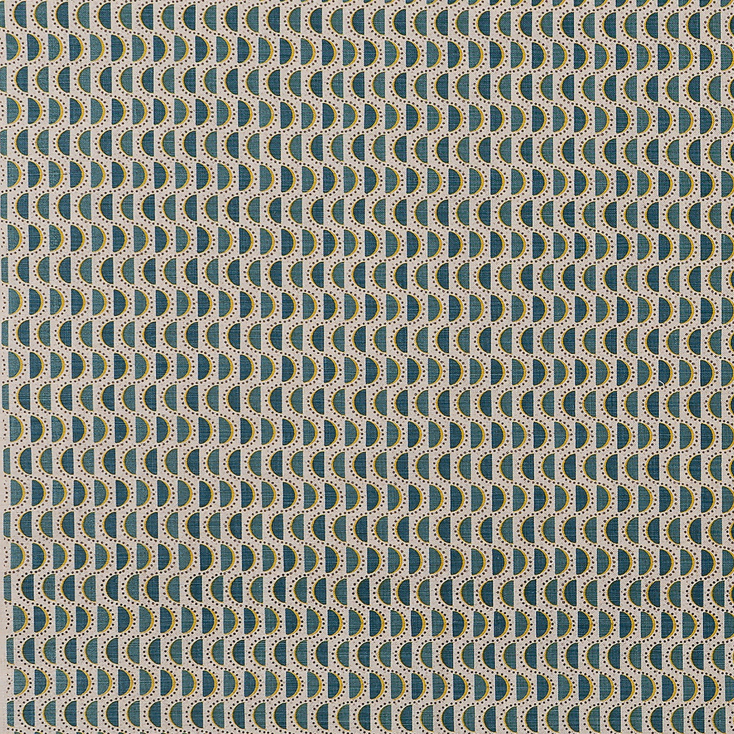 Fabric in a linear geometric print in shades of green, navy and yellow on a tan field.