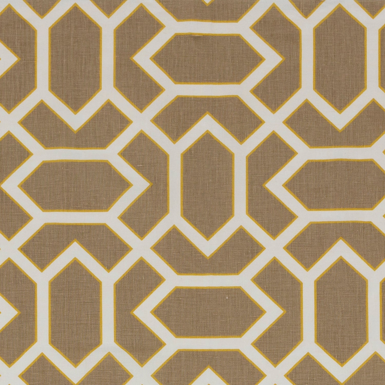 Fabric in a geometric lattice print in cream and yellow on a brown field.