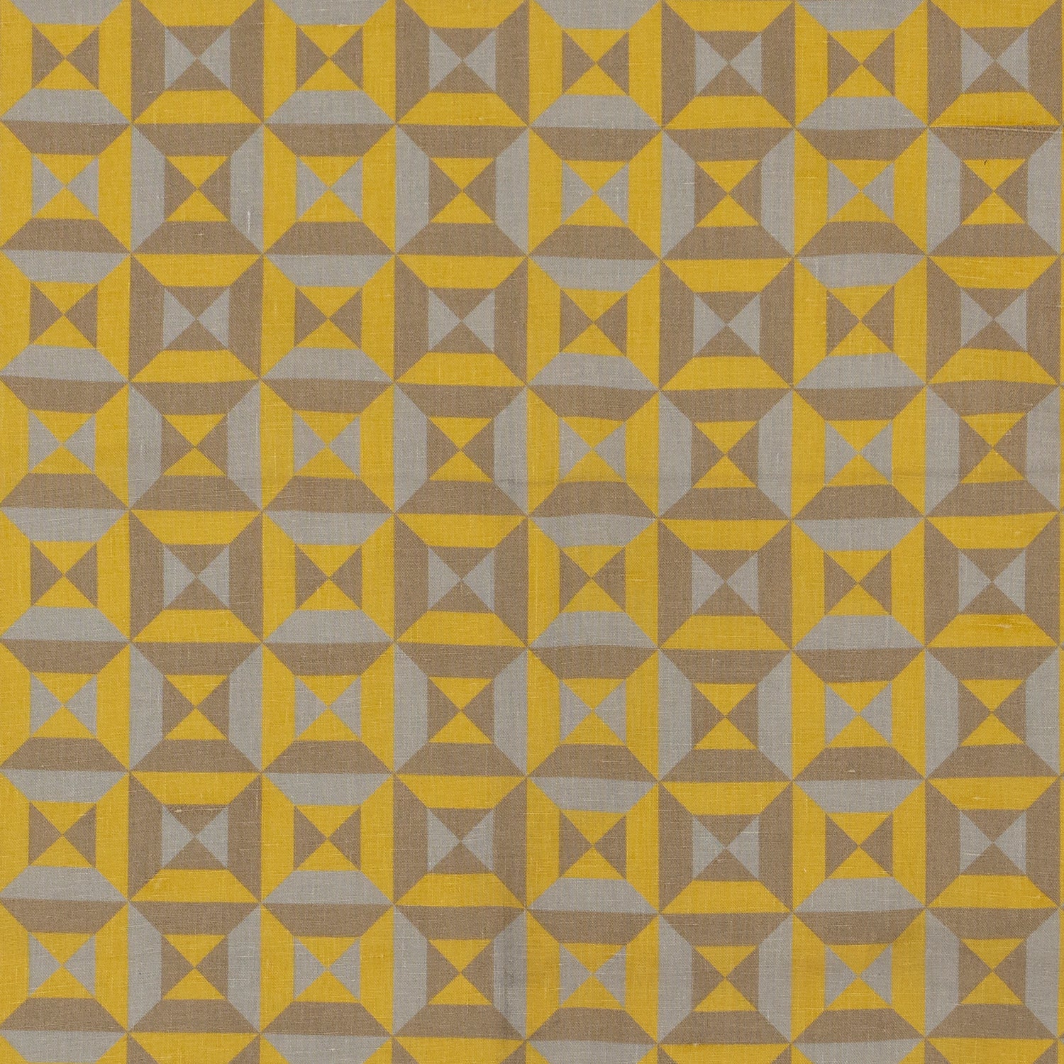 Fabric in a geometric grid print in mustard, gray and brown.