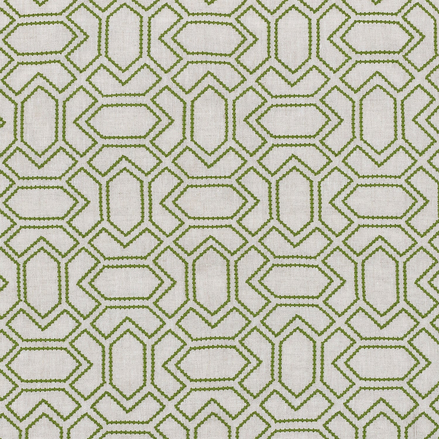 Fabric with an embroidered geometric grid print in olive on a light gray field.