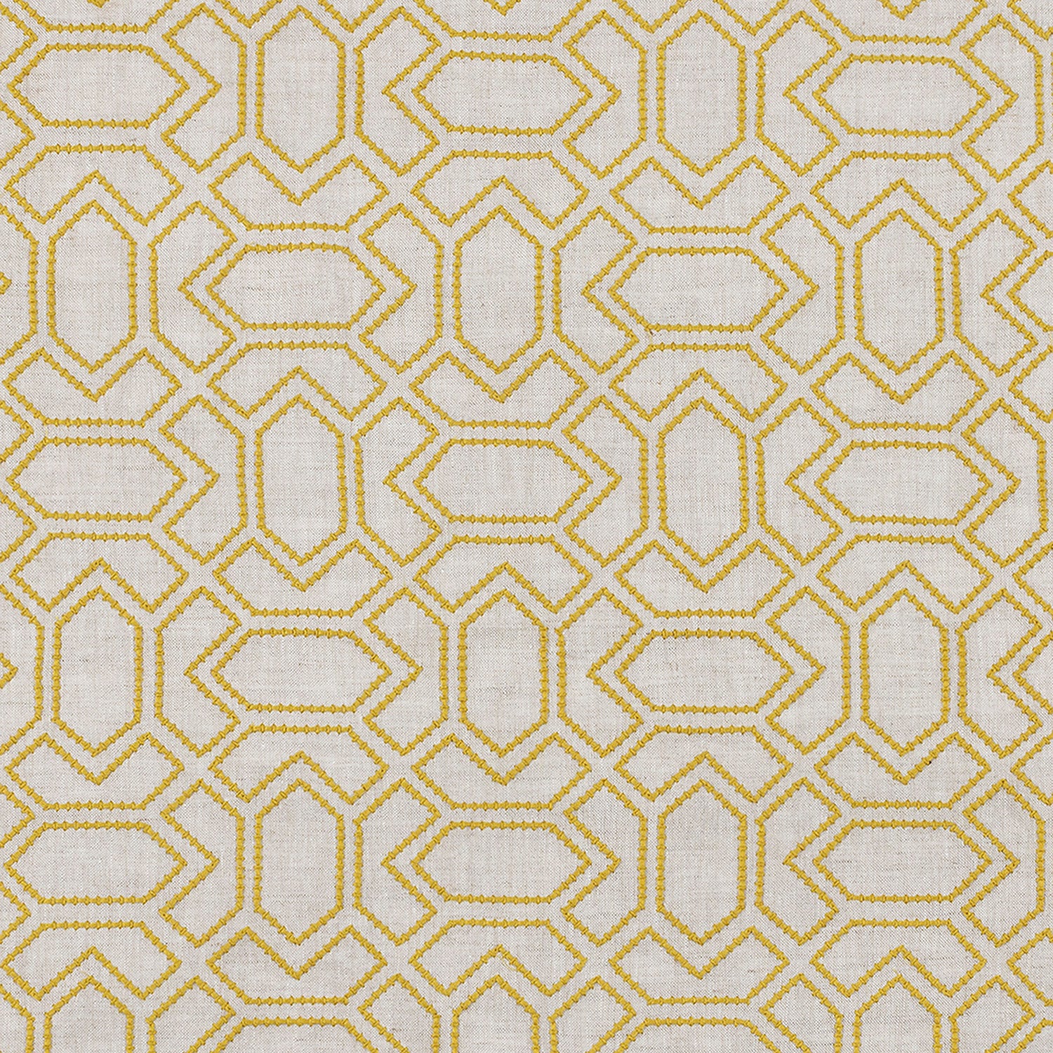 Fabric with an embroidered geometric grid print in mustard on a light gray field.