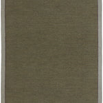 Flatweave rug in green with a brown and grey border. 