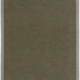 Flatweave rug in green with a brown and grey border. 