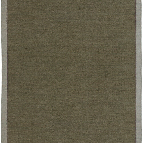 Flatweave rug in green with a brown and grey border. 
