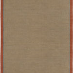 Flatweave rug in tan with a blue and coral border. 