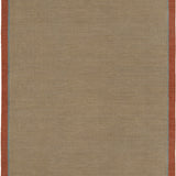 Flatweave rug in tan with a blue and coral border. 