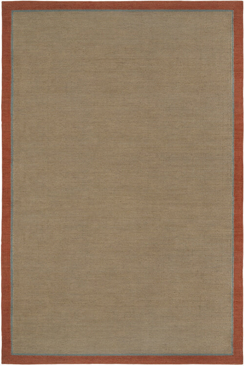 Flatweave rug in tan with a blue and coral border. 