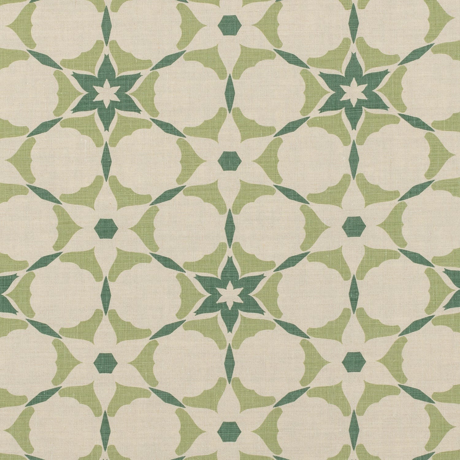 Detail of fabric in a geometric star print in shades of green on a tan field.