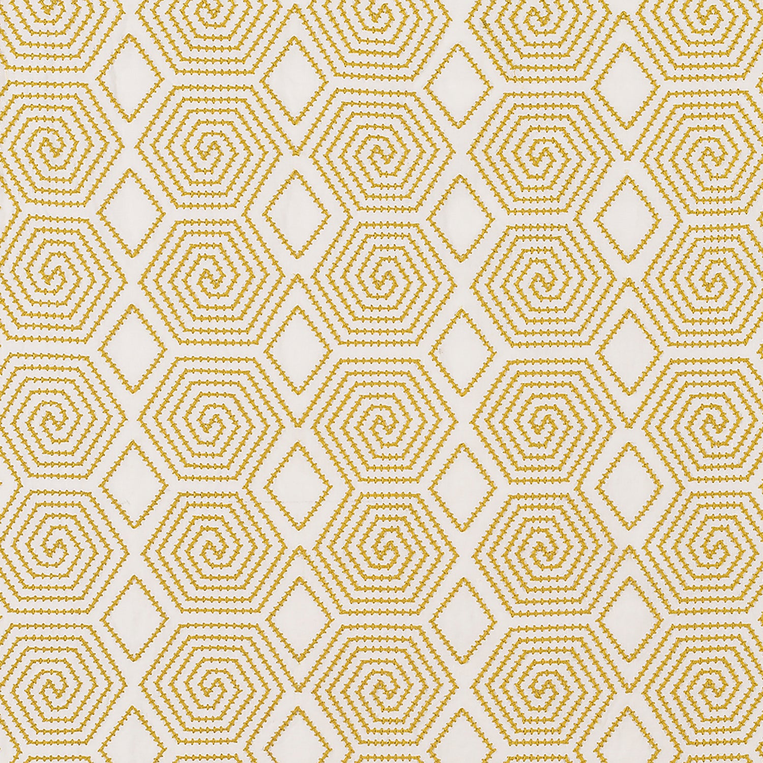 Fabric with a playful embroidered geometric grid print in mustard on a white field.
