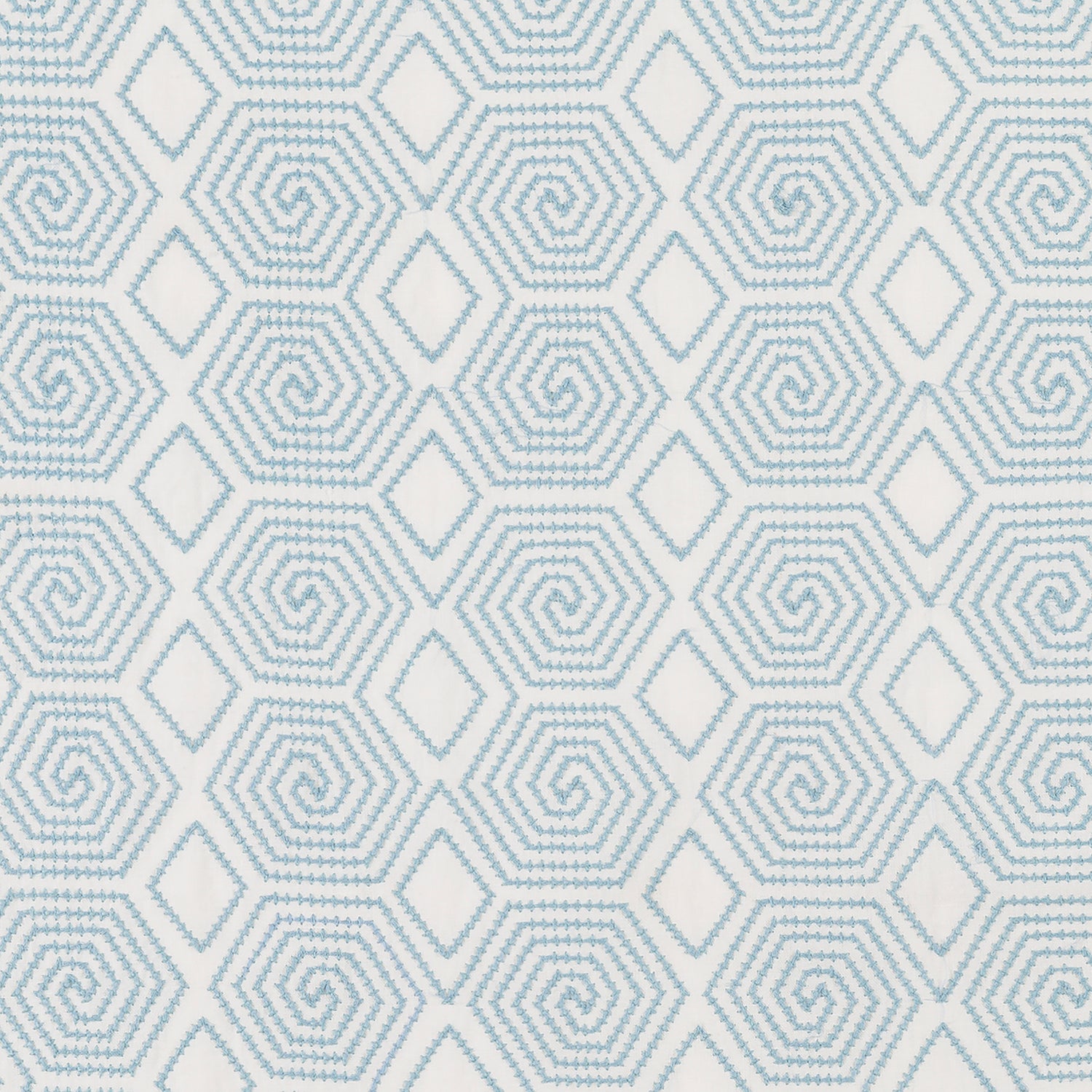 Fabric with a playful embroidered geometric grid print in light blue on a white field.