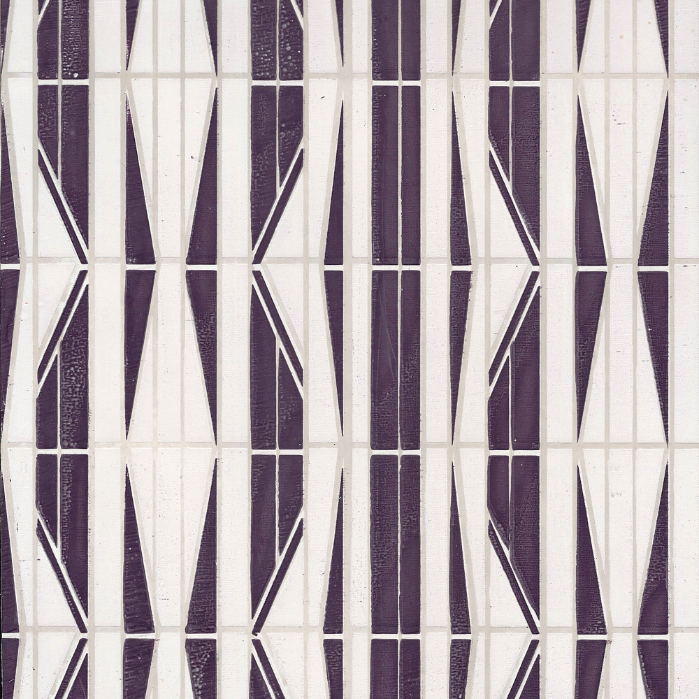 Detail of wallpaper in a geometric grid print in purple, cream and white.