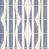 Detail of wallpaper in a geometric grid print in blue, cream and white.