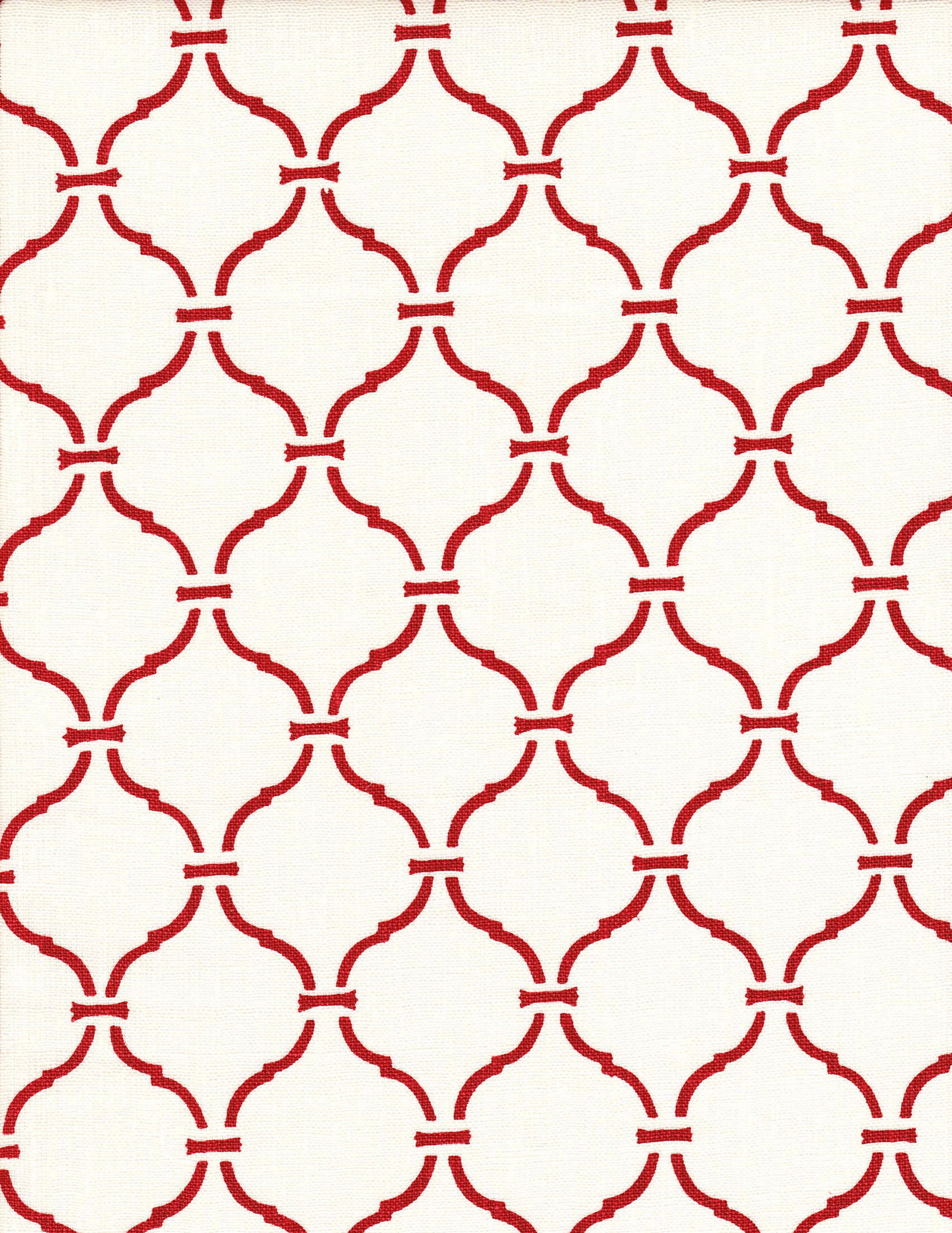 Detail of fabric in a curvilinear lattice print in red on a white field.